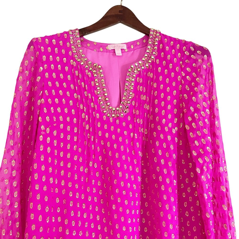 LILLY PULITZER Colby Silk Long Sleeve Tunic Dress Pink Gold 2 - Picture 4 of 10